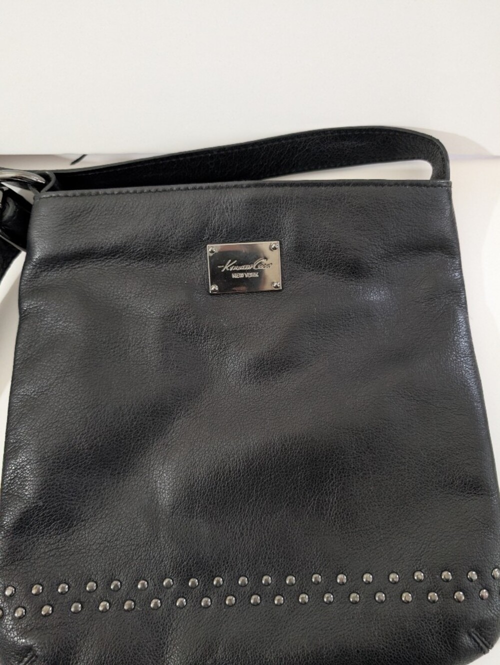 Kenneth Cole Black Leather Studded Cross Body Bag with Metal Logo Plate